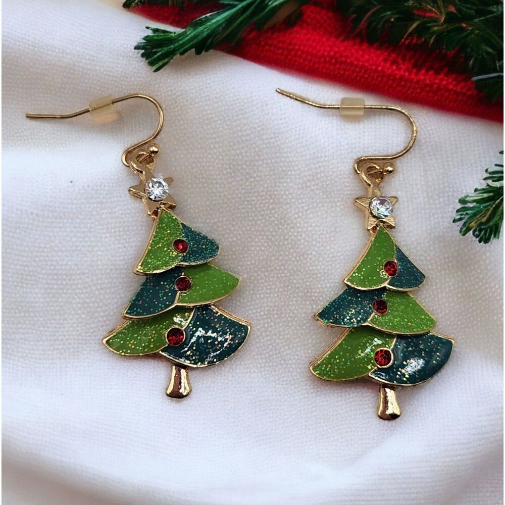 Vintage Y2K Christmas Tree Earring Glitter Enamel Rhinestone Festive Retro Kitch
